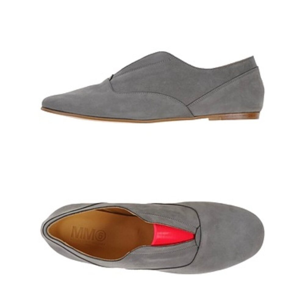 MM6 Maison Margiela Gray Suede Slip On Flats Neon Pink Elastic Goring Sz 5 6